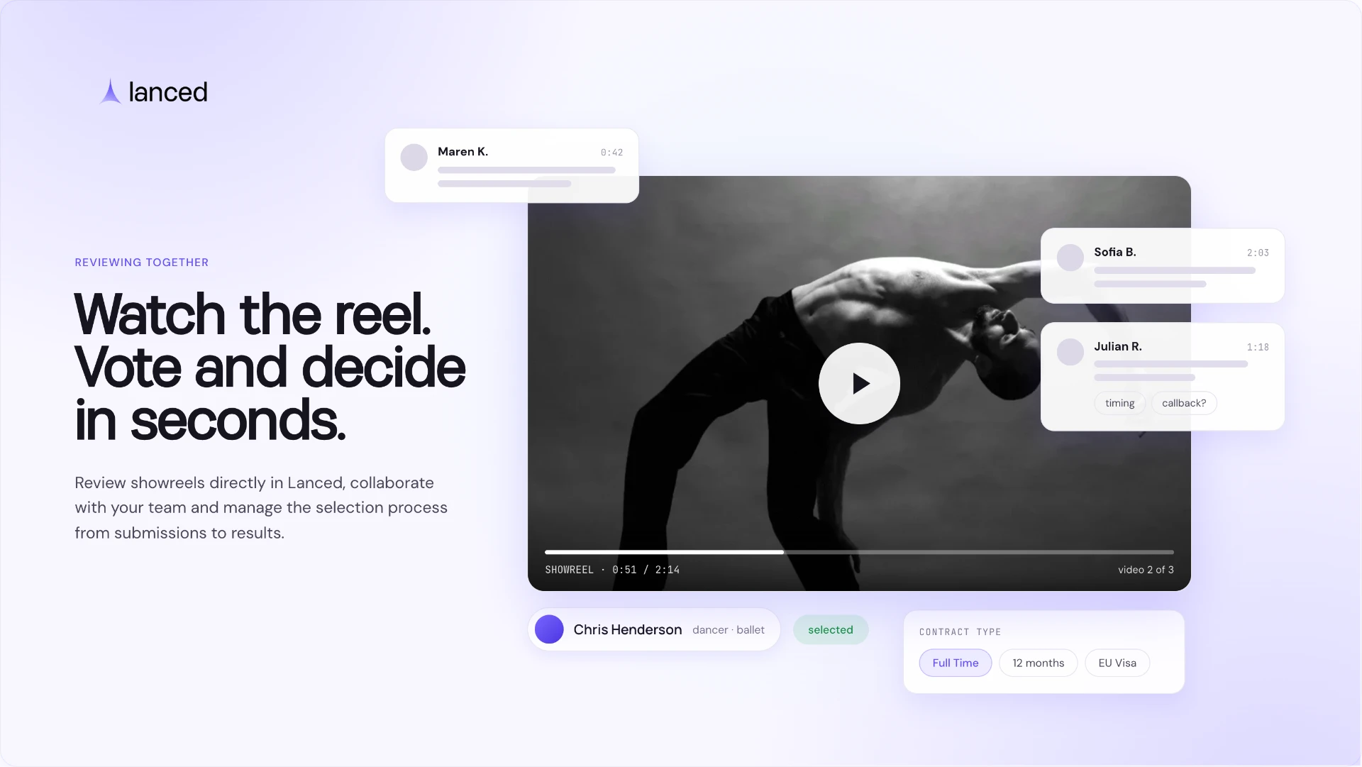 Lanced review interface — watch showreels, vote and decide on artists in seconds